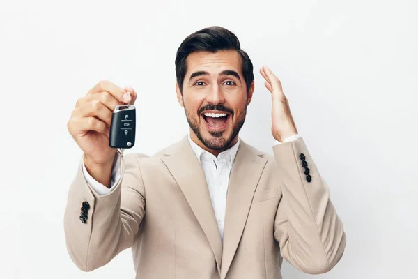 Adam Servisi Kilit Beyaz Alarm Tutuyor Anahtarlı Mutlu Araba Elektronik — Stok fotoğraf
