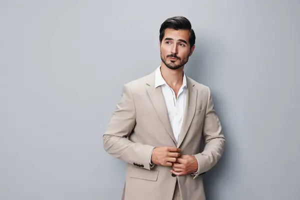 man white executive fashion businessman smiling sexy background happy business beige copyspace crossed isolated standing suit stylish portrait formal handsome model