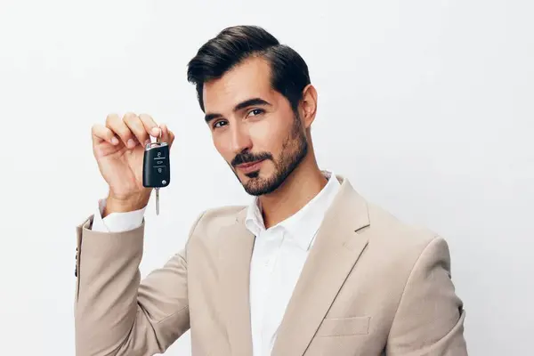 man holding buy smile key driving car keyboard person auto vehicle purchase business automobile hand new driver studio sale background service mockup