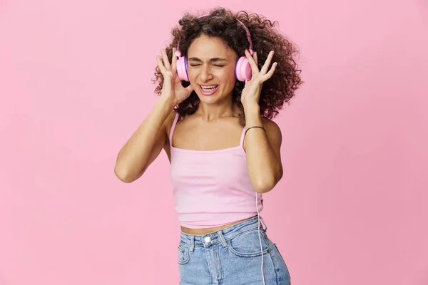 Happy Woman Wearing Headphones Curly Hair Listening Music Singing Her — Stock Photo, Image