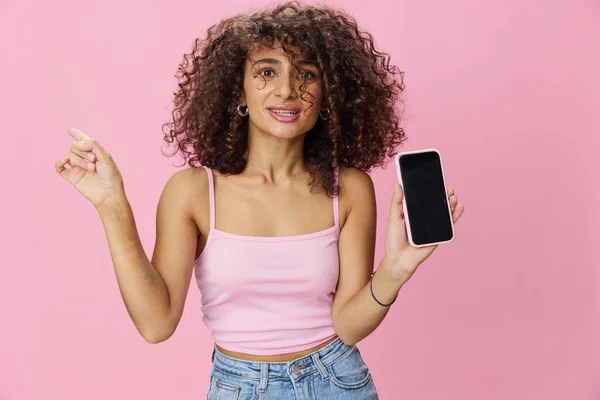 Woman Blogger Holding Phone Video Call Takes Selfies Curly Hair — Stock Photo, Image