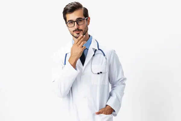 Man Portrait Doctor Wearing White Coat Eyeglasses Stethoscope Looking Camera — Stock Photo, Image