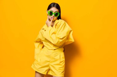 Neşeli tarz ifade kız saç stili çekici kadın gülümseme mutluluk gözlükleri moda esmer güzel yaşam tarzı eğlenceli sarı moda yaratıcı