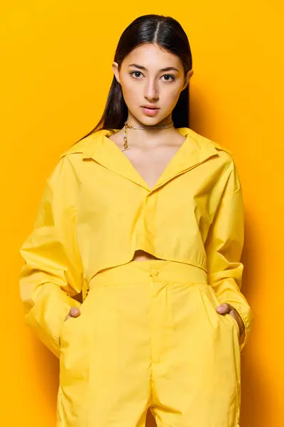 Mulher Pessoa Jovem Menina Linda Atraente Amarelo Senhora Moda Bonito — Fotografia de Stock
