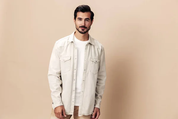 Stylish Male Smile Model Posing Beige Background White Shirt Looking — Stock Photo, Image