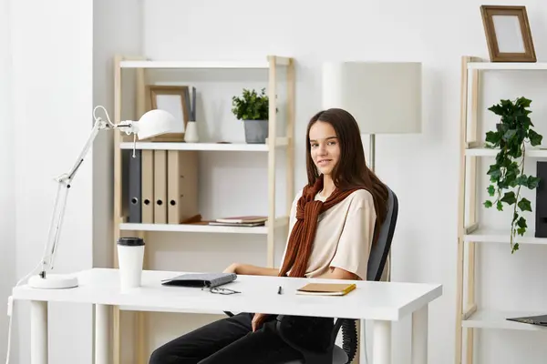 stock image cute teenager stress student room notebook laptop girl class preparation reading white schoolgirl desk e-learning education computer alone exam table