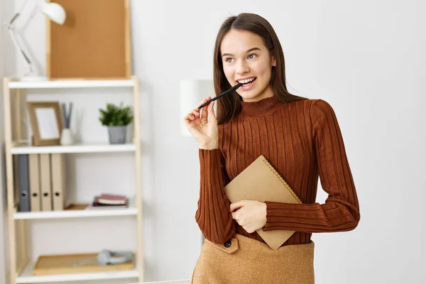 woman school to education schoolgirl preparation teenager happy back student young girl table exam teenage college office desk laptop caucasian freelancer notebook