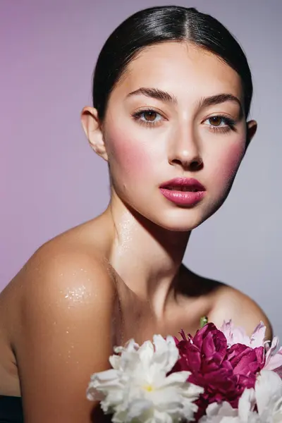 Woman Bouquet Girl Model Romantic Person Pink Makeup Treatment Flower — Stock Photo, Image