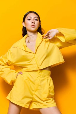 Güzel bir hayat tarzı genç stüdyo hanımı modaya uygun bir ifade arka plan cazibeli kız tek renkli model güzel moda olumlu, sarı izole edilmiş güzel