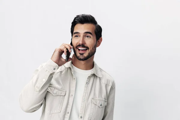 Retrato Close Homem Falando Sobre Sorriso Telefone Com Dentes Felicidade — Fotografia de Stock