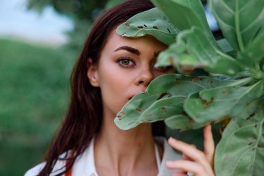 Tropik bir ağacın yaprakları, güzellik ve solaryum tenli, beyaz gömlekli, ıslak saçlı bir kadının güzel portresi. Yüksek kalite fotoğraf