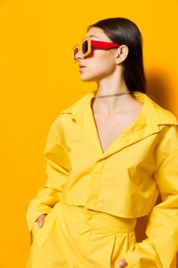 Çekici kadın yaşam tarzı neşeli arka plan mutluluk sarı saç tek renk portre bayan güneş gözlüğü yaratıcı genç gözlük uzun moda oldukça güzel