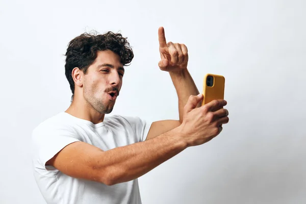 Man Kerst Online Portret Technologie Bericht Hipster Selfie Witte Telefoon — Stockfoto