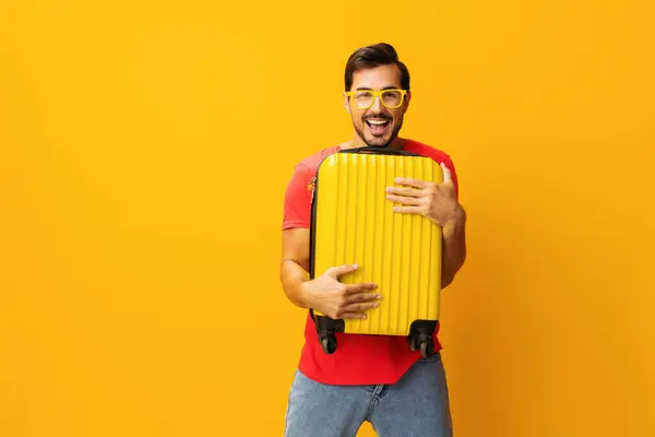 Hombre Amarillo Vacaciones Estudio Tour Feliz Tipo Estilo Vida Viajero — Foto de Stock
