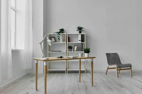 study work minimalist space wooden template room desk white workspace wall frame business office workplace chair interior furniture lamp plant copy contemporary