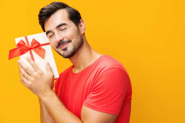 Man Happy Sale Celebrate Model Gift Surprise Space Box Copy — Stock Photo, Image