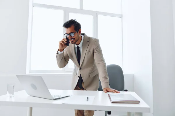 Man Professional Sitting Laptop Successful Technology Call Phone Success Winner — Stock Photo, Image