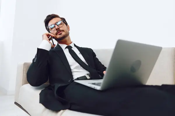Man Adult Video Entrepreneur Office Call Talk Phone Lifestyle Caucasian — Stock Photo, Image