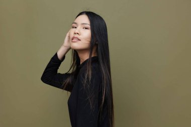 Koreli kadın Japon güzellik makyajı. Makyaj modeli. Saç modeli. Uzun boylu, çekici, siyah, sevimli, sağlıklı, kozmetik kuaför.