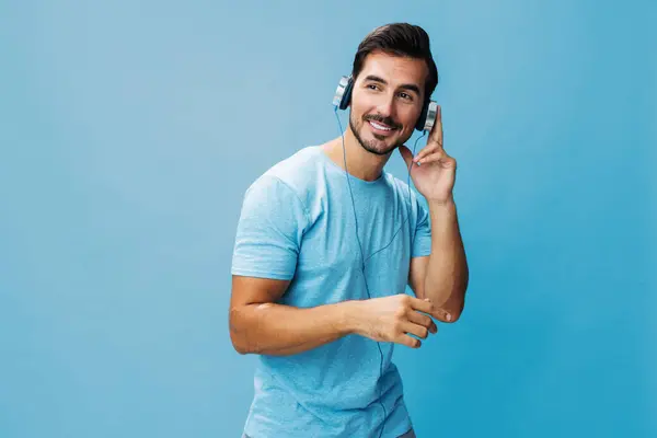Απολαύστε Άνθρωπος Shirt Χαρά Διασκεδαστικό Χώρο Ακουστικά Lifestyle Μουσική Φόντο — Φωτογραφία Αρχείου