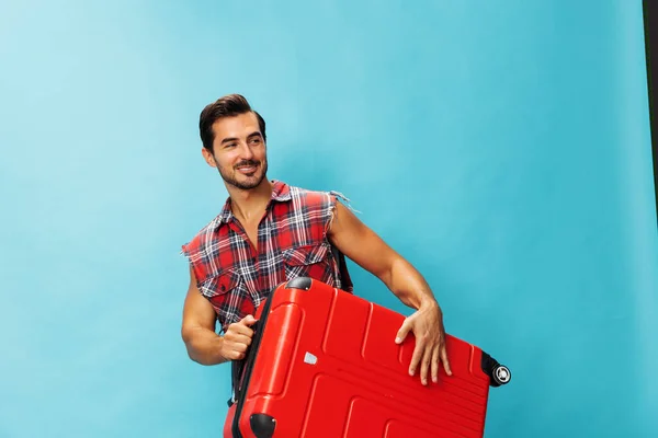 Másolás Ember Boldog Bőrönd Utazó Repülés Nyaralás Poggyász Utazás Utazás — Stock Fotó
