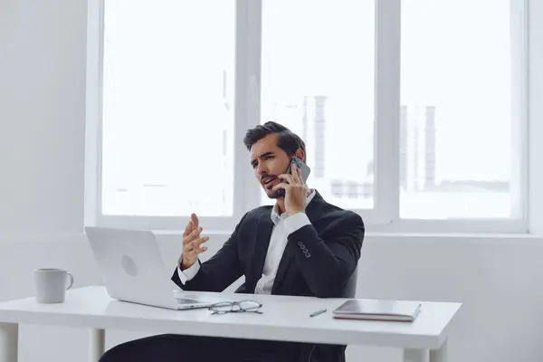 Man Office Businessman Sitting Desk Working Laptop Talking Phone Modern — Stock Photo, Image