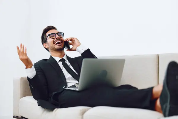 Man Office Computer Communication Smartphone Worker Laptop Suit Talk Lifestyle — Stock Photo, Image