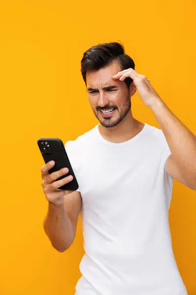 Telefoonman Bericht Technologie Lifestyle Smartphone Bedrijf Gelukkig Telefoon Verrassing Geïsoleerde — Stockfoto