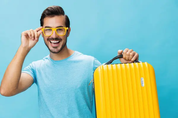 Tur Adamı Gezgin Mutlu Fotokopi Bavulu Bilet Uçuş Stili Erkek — Stok fotoğraf