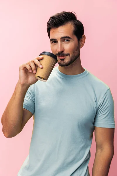 Fashion man t-shirt pink copy hot student studio space coffee happy smile mug tea cup hipster drink sleep paper energy