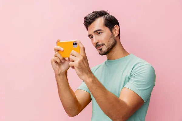 Mobiele Man Handelaar Met Student Telefoon Kopie Achtergrond Portret Succes — Stockfoto