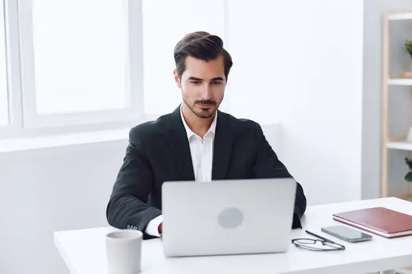 stock image Man laptop stressed sitting unhappy businessman employee executive business expression problem tired manager working internet desk office table computer stress