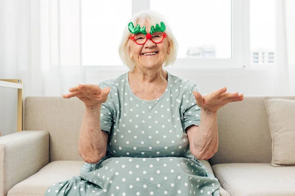 Woman couch mature glasses happy female smile elderly adult christmas year year portrait caucasian grandmother happiness xmas cozy pensioner holiday home new