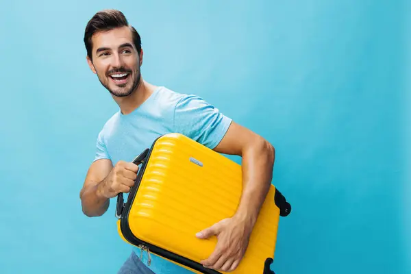 Journey Man Lifestyle Reiziger Geel Exemplaar Gelukkig Man Blauw Reizen — Stockfoto