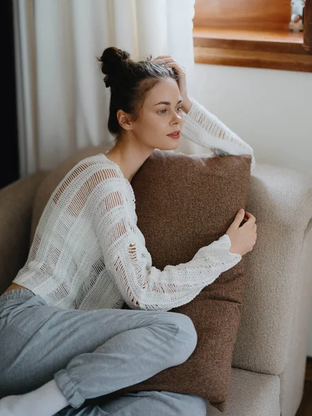 Woman Sweater Home Pants Relaxing Lying Couch Home Cozy Day — Stock Photo, Image