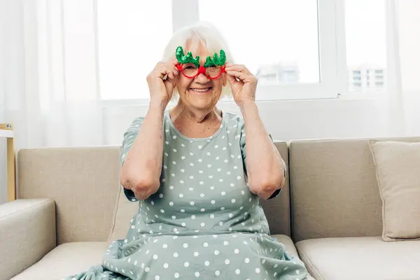 Year woman home glasses christmas smile couch adult decoration elderly pensioner happiness female new holiday december year portrait cozy xmas mature old happy caucasian grandmother