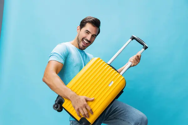 Muž Cestování Let Kopírovat Cestu Hipster Žlutý Výlet Prostor Cestovatel — Stock fotografie