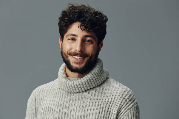 Face man studio expression grey isolated happy white cheerful adult male confident handsome guy young model caucasian beard casual person attractive portrait background