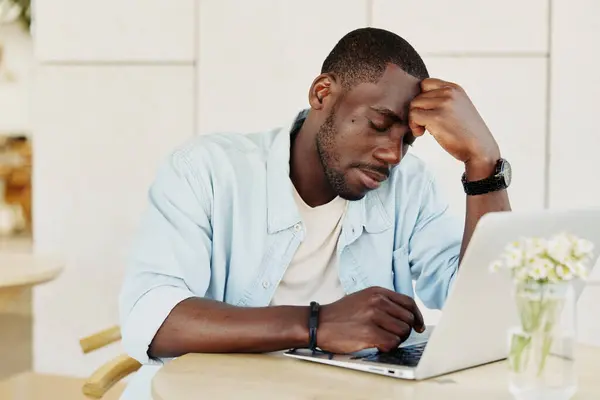 Man worried businessman person office sad frustration male young american black stressed job guy business problem computer laptop home african desk working stress