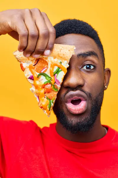 man food slice online fast adult eater studio pizza happy masculine isolated background habit millennial smile concept african american bearded black food guy delivery