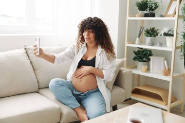 Hamile kadın blogcu evdeki kanepede oturur ve telefonda kendi fotoğraflarını çeker, selfie ve video görüşmesi, doktorla online istişare, hamilelik yönetimi. Yüksek kalite fotoğraf