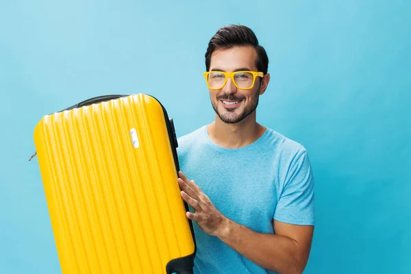 Fin Semana Hombre Hipster Azul Feliz Viajero Amarillo Vacaciones Fondo — Foto de Stock