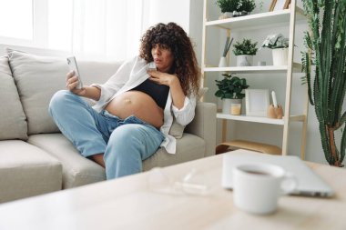 Hamile kadın blogcu evdeki kanepede oturur ve telefonda kendi fotoğraflarını çeker, selfie ve video görüşmesi, doktorla online istişare, hamilelik yönetimi. Yüksek kalite fotoğraf
