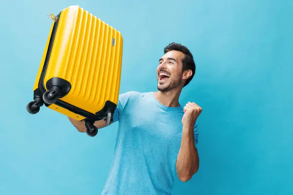 Vacation Man Yellow Travel Space Baggage Lifestyle Holiday Blue Flight — Stock Photo, Image