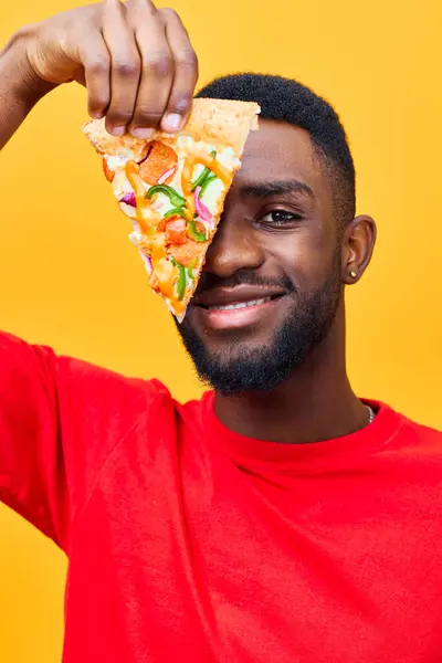 space man delivery happy diet smile fast weight background millennial afro copy food studio male lifestyle hold person black pizza cheerful food guy meal