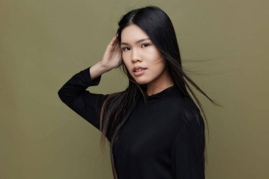 Makyajcı kadın japon saçı şirin surat siyah uzun çekici Kore saçı model güzel kozmetik kadın saç portresi çekici Asyalı zarif moda