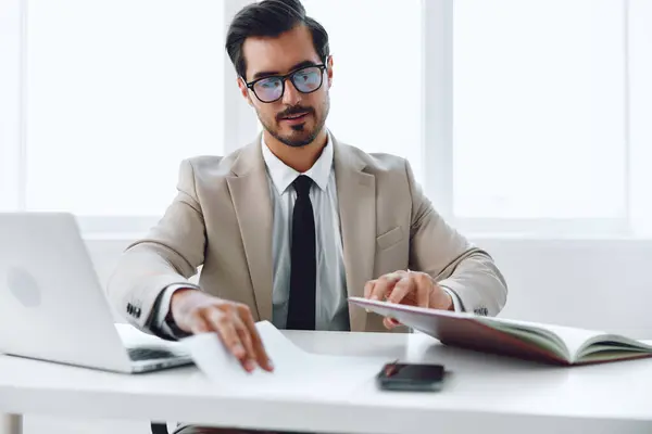 stock image Working man holding adult laptop looking businessman smiling male document office suit employee happy caucasian occupation lifestyle paper company planning