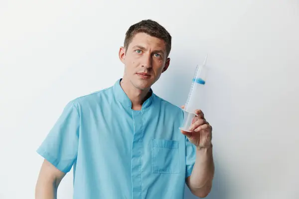 Mann Hintergrund Professionelle Gesundheit Lebensstil Medizin Stehend Bart Reifen Weiß — Stockfoto