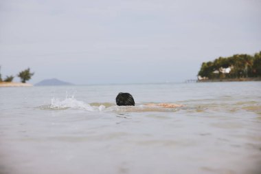 Neşeli Asyalı Adam Tropikal Cennet 'te Su Macerası Yapıyor Mavi Gökyüzü Altında Gülümsüyor