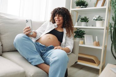 Hamile kadın blogcu evdeki kanepede oturur ve telefonda kendi fotoğraflarını çeker, selfie ve video görüşmesi, doktorla online istişare, hamilelik yönetimi. Yüksek kalite fotoğraf